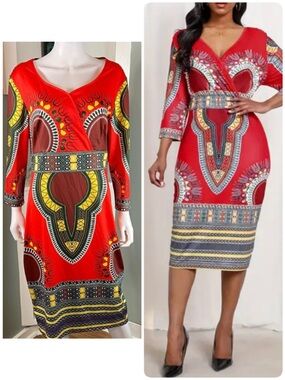 3/$12 Red Dashiki African Style Midi Sheath Dress XXL XXLarge Volup Bodycon